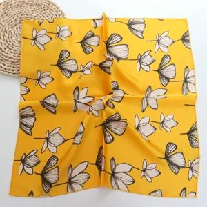 Detail view of yellow floral print silk feel small square scarf for women neckerchief