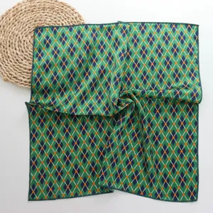 Green geometric print satin square scarf, elegant neckerchief for daily commuting.