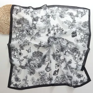 Retro zwart-wit bloemenprint vierkante sjaal, elegante lichte halsdoek voor vrouwen.