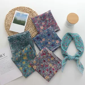 Cotton linen small floral square scarf breathable soft literary decorative neckerchief summer