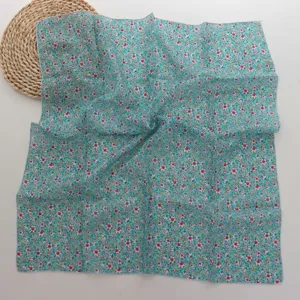 Floral cotton linen small square scarf, fresh artistic style for summer daily decoration.
