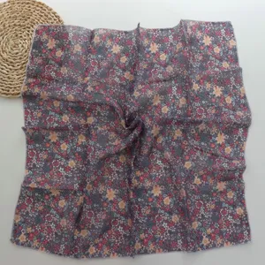 Floral cotton linen square scarf, breathable women soft literary neckerchief for summer wear.