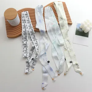 Foulard long en soie ruban floral élégant bandeau perle pendentif ceinture pour femmes chic