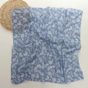 Pañuelo cuadrado azul con estampado Paisley mujer versátil algodón seda moda bufanda