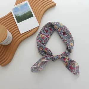 Floral print cotton linen small scarf feminine delicate floral neckerchief hair band accessory