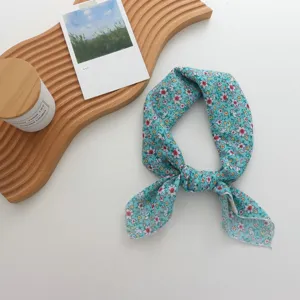 Floral print cotton linen small square scarf stylish elegant neckerchief for women