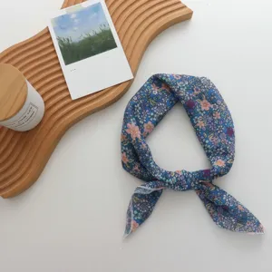 Floral print cotton linen small square scarf neckerchief versatile cute hair band detail