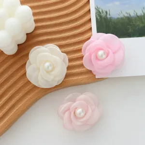 Chiffon fabric camellia flower brooch with pearl center elegant DIY hair apparel set