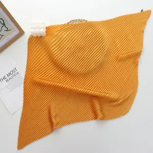 Solid color pleated square scarf for women, elegant summer neckerchief and stylish silk accessory.