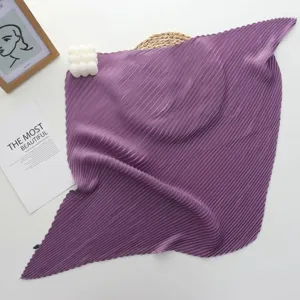 Purple pleated square scarf simulation silk women stylish neckerchief daily fashion accessory.