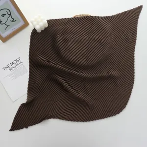 Solid color pleated square scarf for women, elegant dark brown silk feel neckerchief style.