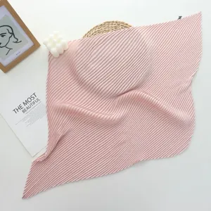 Solid color pleated square scarf for women, elegant pink soft imitation silk neckerchief.
