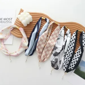 Fashion women silk scarf magnetic buckle small neckerchief elegant floral polka dot neck wrap