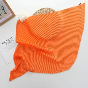 Solid color pleated square scarf for women, elegant orange silk-feel neckerchief style.