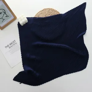 Solid dark blue pleated square scarf for women, elegant imitation silk neckerchief style.