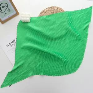 Solid green pleated square scarf for women, elegant silk-feel neckerchief summer style.