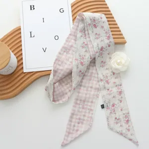 Bufanda de cinta floral de doble cara, estampado de rosas y diseño a cuadros, estilo elegante.
