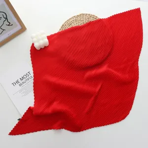 Red pleated square scarf for women, soft imitation silk neck scarf for daily fashion wear.