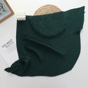Dark green pleated square scarf, imitation silk small neckerchief for women summer styling.