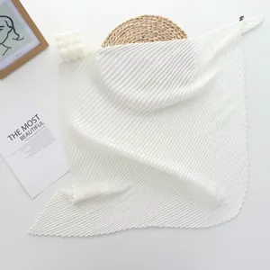 White pleated square scarf for women, elegant solid color silk feel neckerchief accessory.