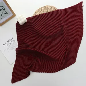 Chic wine red pleated square scarf for women, soft imitation silk neckerchief, stylish accessory.