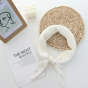 Pleated white square scarf for women, elegant faux silk small neckerchief for daily wear.
