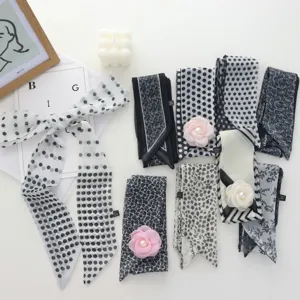 Vintage Polka Dot Floral Polyester Skinny Scarf For Women French Style Ribbon Hair Band Neck Tie With Artificial Pearl Flower
