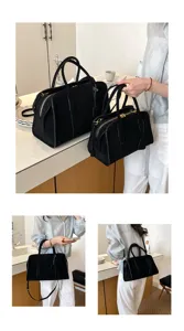 Classic black suede Boston bag for women, versatile shoulder handbag with casual daily style.