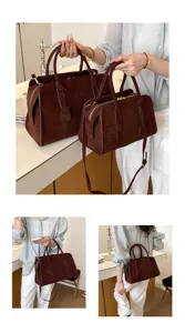 Vintage suede Boston bag for women, casual minimalist top handle shoulder and crossbody bag.