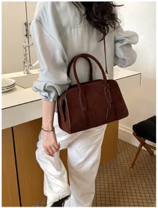 Retro matte brown Boston handbag, elegant shoulder and crossbody design for women daily wear.