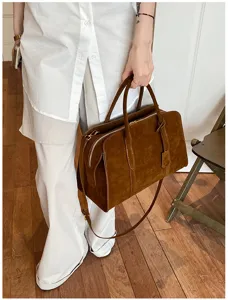 Retro suede Boston bag for women, minimalist casual handbag and crossbody strap.
