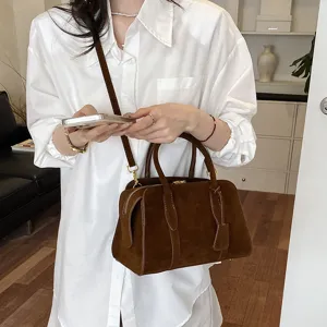 Retro suede Boston bag for women, casual handbag, versatile shoulder crossbody bag.
