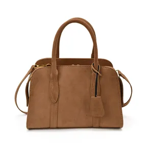 Vintage brown suede texture Boston handbag for women, casual top-handle shoulder crossbody bag.