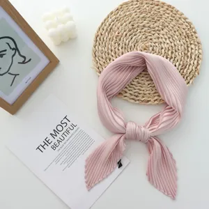 Pink pleated solid color silk scarf for women, elegant summer Korean style neckerchief.