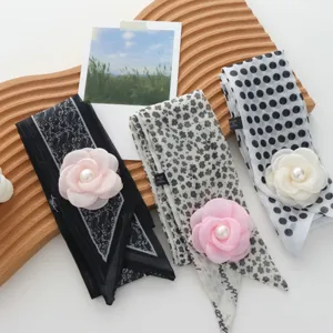 Retro polka dot 3D rose long silk scarf women spring fashion versatile neckerchief