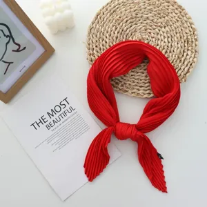 Red pleated square scarf for women, elegant imitation silk neckerchief for daily wear.