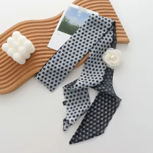 Retro floral long silk scarf with 3D rose flower, chic versatile necktie for women.