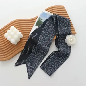 Black and white floral twilly scarf, elegant long neck scarf and chic hair band accessory.