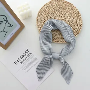 Elegant grey pleated square scarf for women, stylish neckerchief and hair accessory.