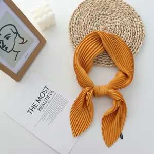 Yellow pleated square scarf detail, lightweight smooth neckerchief for summer.