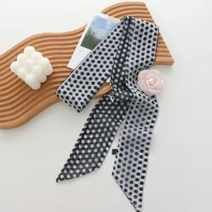 Black and white polka dot long scarf ribbon with pink flower, chic necktie and hair accessory