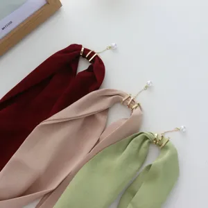 Summer lightweight women scarf stylish solid color neckerchief with pearl chain detail elegant.