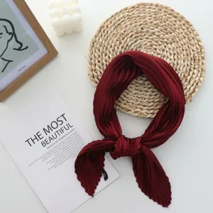 Solid color pleated square scarf for women, elegant silk-feel neckerchief for daily wear.
