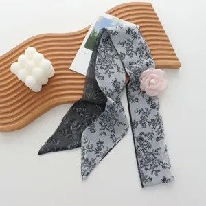 Vintage floral long scarf ribbon with 3D pink rose flower for women chic elegant necktie hair band