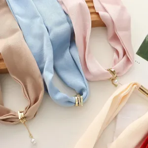Summer thin solid color women scarf with magnetic ring and pearl pendant versatile neck cover