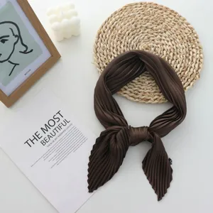 Dark brown pleated square scarf for women, elegant chic neckerchief stylish fashion accessory.
