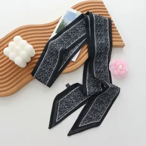 Retro black and white monogram long silk scarf chic stylish twilly neck tie hair band for women