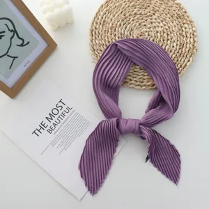 Purple pleated square scarf, elegant neck wrap for women, stylish simulation silk accessory.