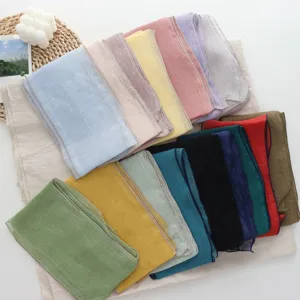 Detailed view of multi-color solid linen long scarves, minimalist Korean style ribbon.