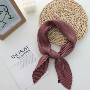 Elegant pleated square scarf for women, solid color imitation silk neckerchief for summer.